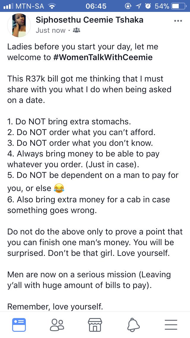 iamceemie's tweet photo. Ladies before you start your day, welcome to #WomenTalkWithCeemie - Make sure you read to be on the safe side when going on a date with ANY man!!
Men are now on a serious mission!! π€π½
Love yourself!!!
RT to save a life!
#WomenTalkWithCeemie #R37kBill #SlayQueensMustFall https://t.co/N0mQk15jJT