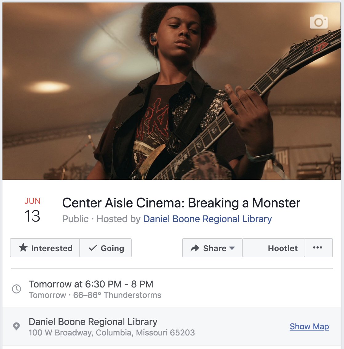 dbrl's tweet photo. Join us tomorrow night at COMO Public Library for a free screening of "Breaking a Monster." This #documentary played at the 2015 #BooneDawdle event put on by @truefalse : https://t.co/ENzu6OZ0ul #speedpunk #heavymetal #freefilm https://t.co/C0WDapDRNr