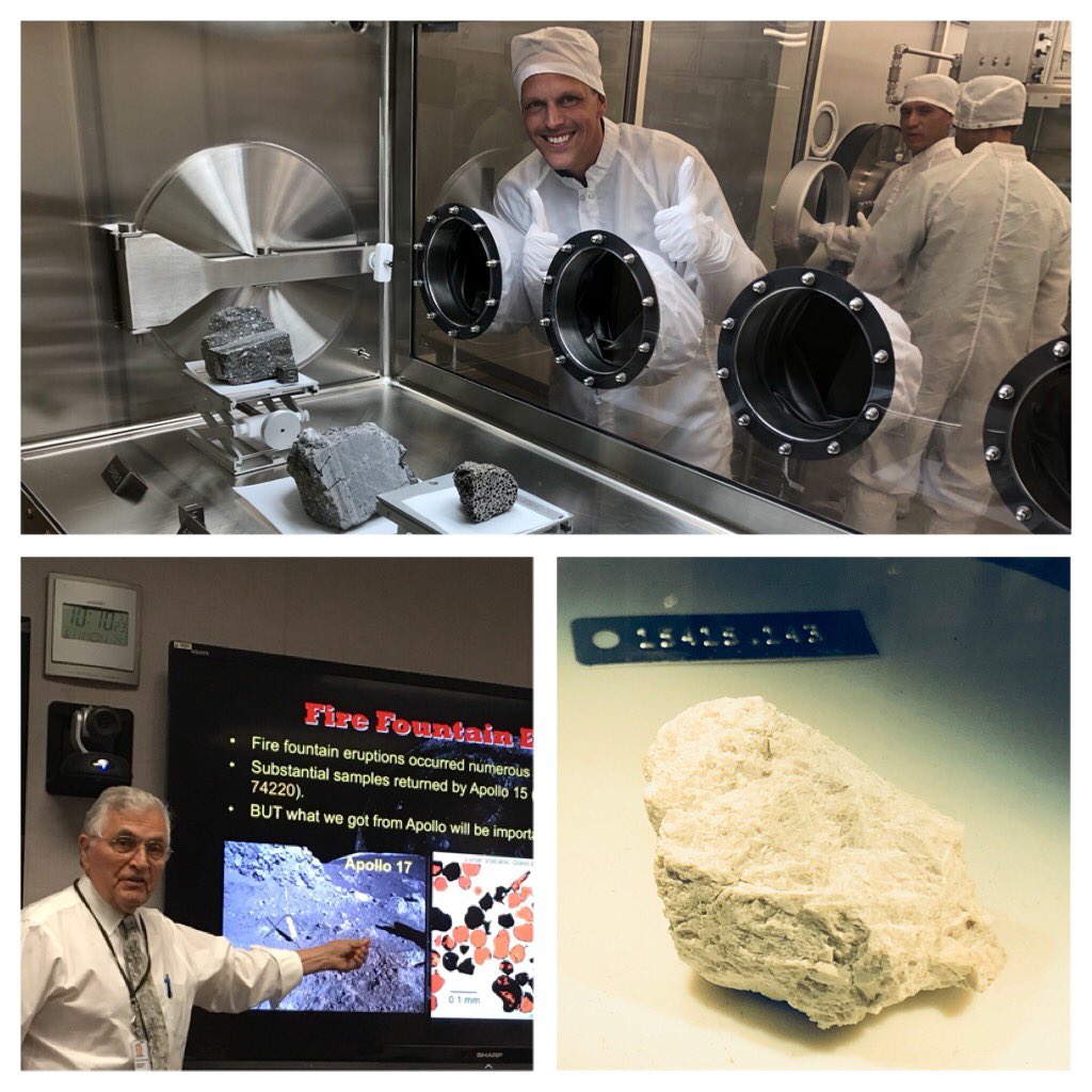 Astro_FarmerBob's tweet photo. This week, we received geology training including classes taught by Apollo 17 astronaut Jack Schmitt and a visit to the Lunar Sample Lab! The rock is the #GenesisRock collected on Apollo 15. This training is crucial to successful science on the Moon or Mars #nasa #newastronauts https://t.co/LVUSfKi8ko