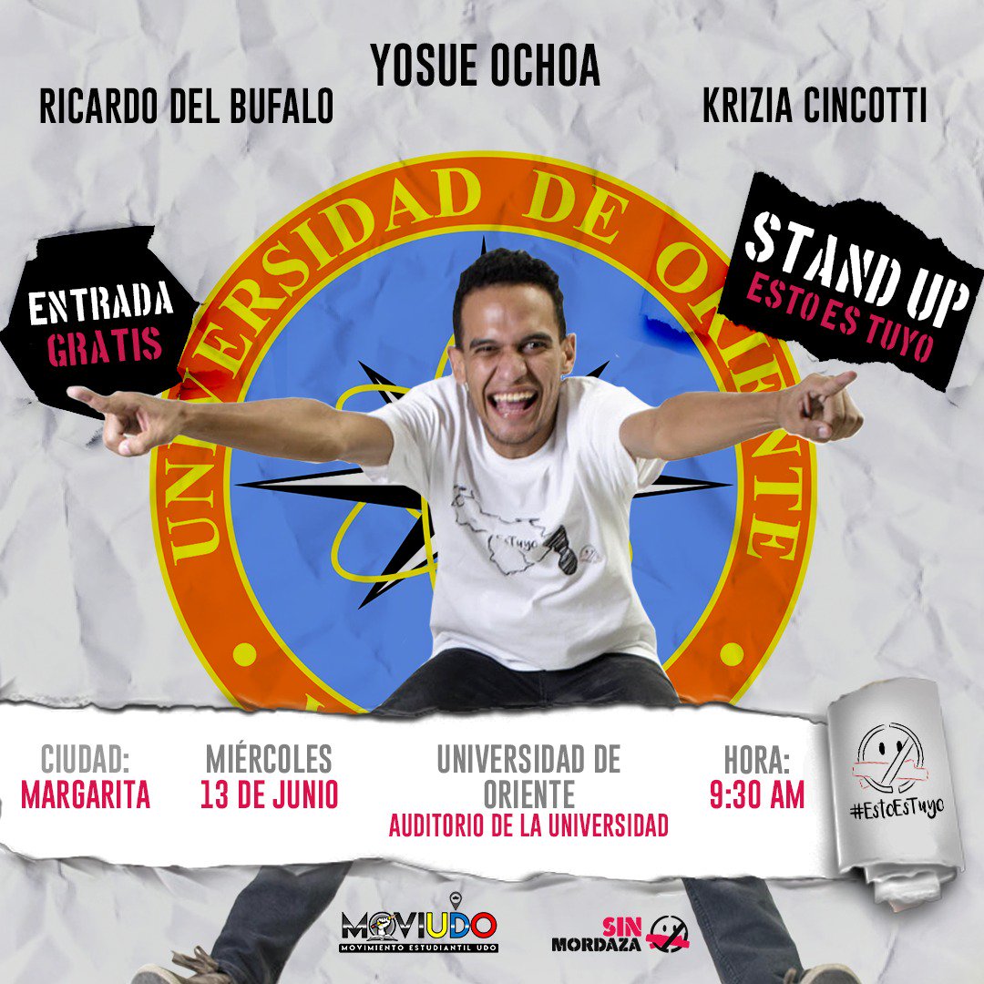 Sinmordaza's tweet photo. En @SinMordaza @moviudo #UDONE nos gusta juntar la comedia con los #DDHH, por eso el día miércoles #13Jun en la Universidad de Oriente, Núcleo #NuevaEsparta ¡Acércate y disfruta con @RDelBufalo y @Yosue_Ochoa del Stand Up Comedy #EstoEsTuyo! ¡Entrada Libre! https://t.co/d2fsgFUlpu