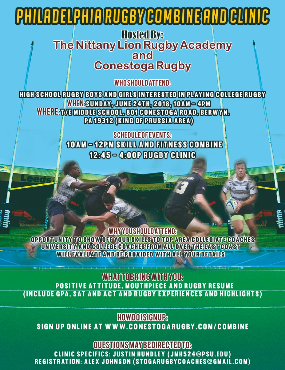 Philadelphia Rugby Combine &amp; Clinic! Sunday, June 24 in Berwyn. High school boys &amp; girls invited. Register at conestogarugby.com/combine