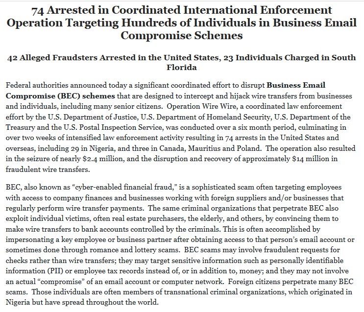 lex6m's tweet photo. 1. 74 Arrested in Coordinated International  Enforcement Operation Targeting Hundreds of Individuals in Business  Email Compromise Schemes
#wirefraud #mailfraud #OperationWireWire  #cyberfraud

https://t.co/Q9YYzGl5V7 https://t.co/CqotbzEHwI
