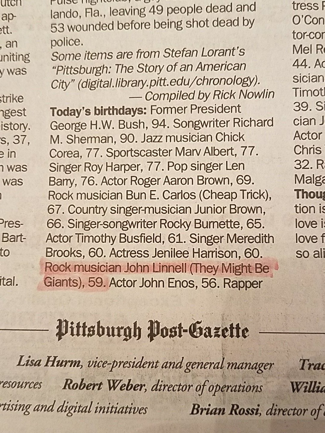  happy birthday to John Linnell! The Pittsburgh Post-Gazette recognizes and celebrates YOU! And so do I. 