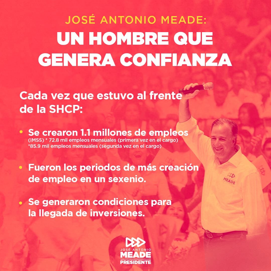 JuarezCisneros's tweet photo. .@JoseAMeadeK ha sido dos veces Secretario de @SHCP_mx y las dos veces se generaron 1.1 millones de empleos. #MeadePresidente2018 es el candidato del empleo. https://t.co/a78LruN0ne