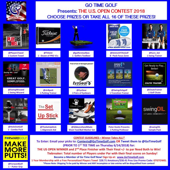 🏆🏆US OPEN CONTEST🏆🏆
 
WIN ANY OR ALL OF 16 PRIZES

MUST FOLLOW &amp; RT

NEED US OPEN WINNER &amp; 2ND PLACE WITH BOTH +/- Final scores

Tie Breaker - How many Players under par after Final Round?

Thanks to all of our Vendors!!

Ready............. Go Time!

#GoTimeGolf