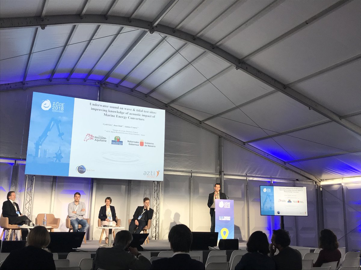 energie2lalune's tweet photo. #ICOE2018 #seanergy2018 - Dr Cyril Giry “underwater sound on wave &amp; tidal test sites” between @bimep_sa  (wave) &amp; @SEENEOH_Site (tidal) @aztitecnalia https://t.co/dTVmsWYX10