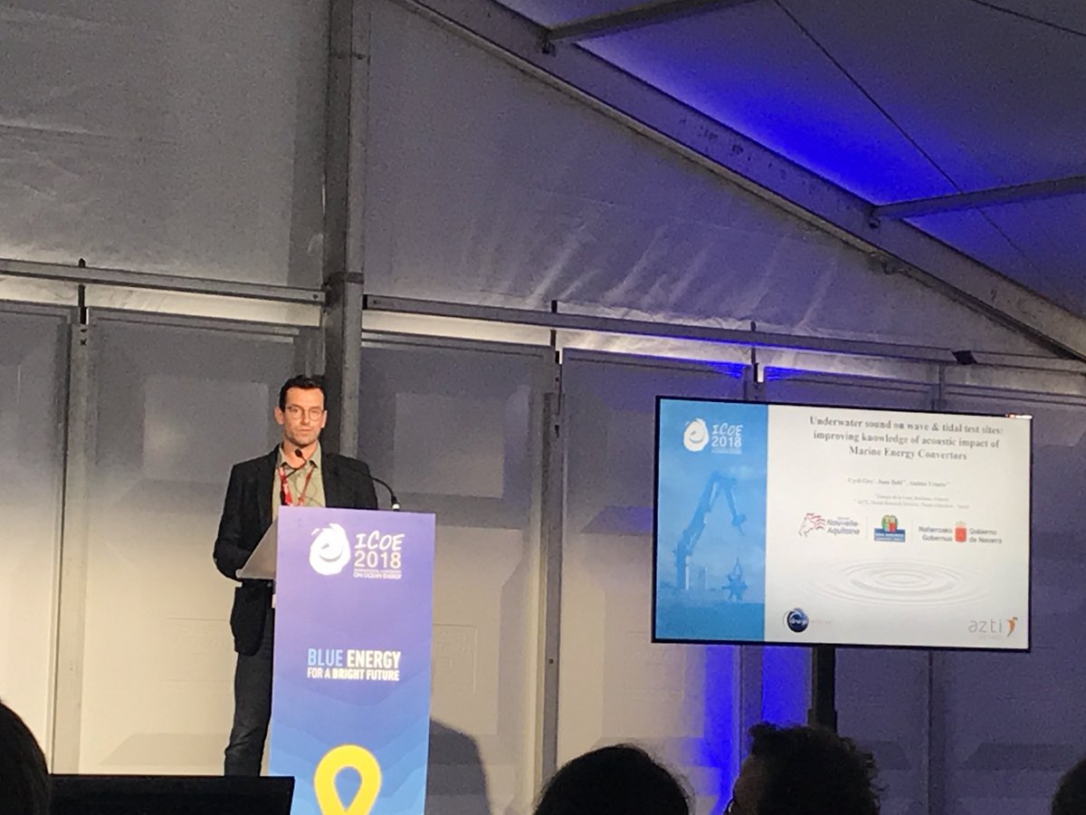 energie2lalune's tweet photo. #ICOE2018 #seanergy2018 - Dr Cyril Giry “underwater sound on wave &amp; tidal test sites” between @bimep_sa  (wave) &amp; @SEENEOH_Site (tidal) @aztitecnalia https://t.co/dTVmsWYX10