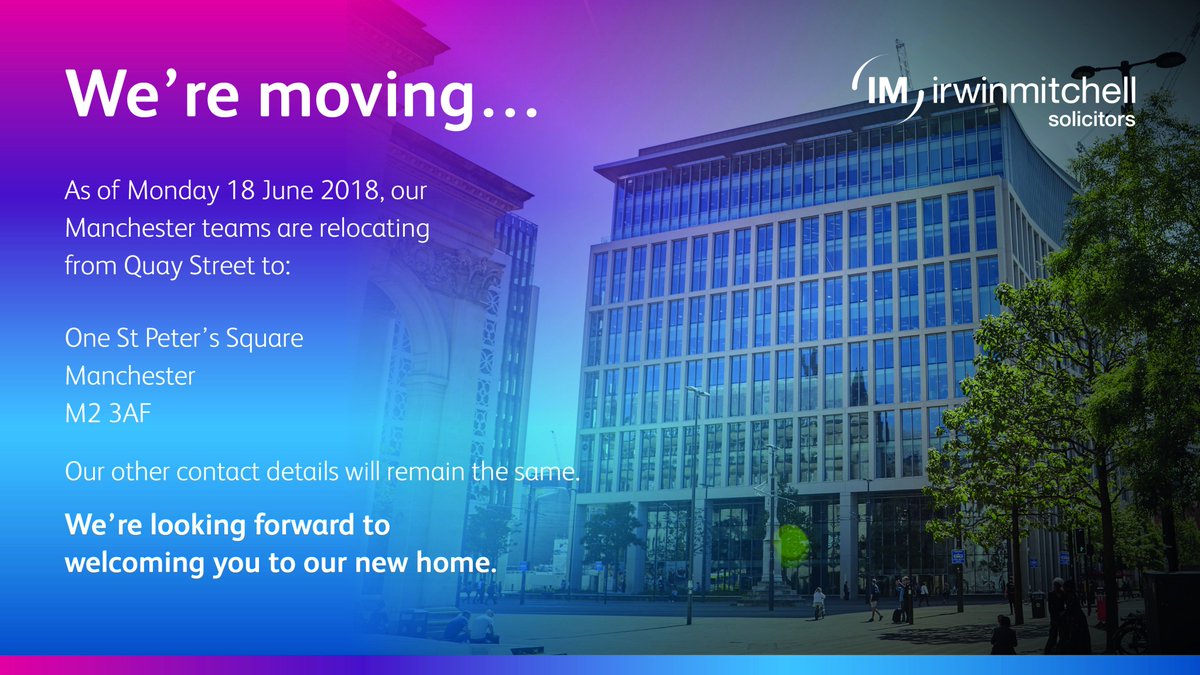 irwinmitchell's tweet photo. Our #Manchester teams are looking forward to welcoming you to One St Peter’s Square, their new home in the heart of the city. https://t.co/lA6GWuATWC