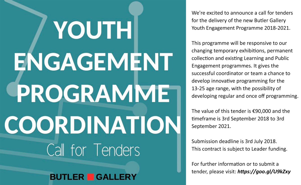 #CallForTender for delivery of new #YouthEngagementProgramme 2018-2021. Successful coordinator/team to develop innovative programming for 13-25 years. Submission deadline is 3rd July 2018. This contract is subject to Leader funding. irl.eu-supply.com/app/rfq/public…