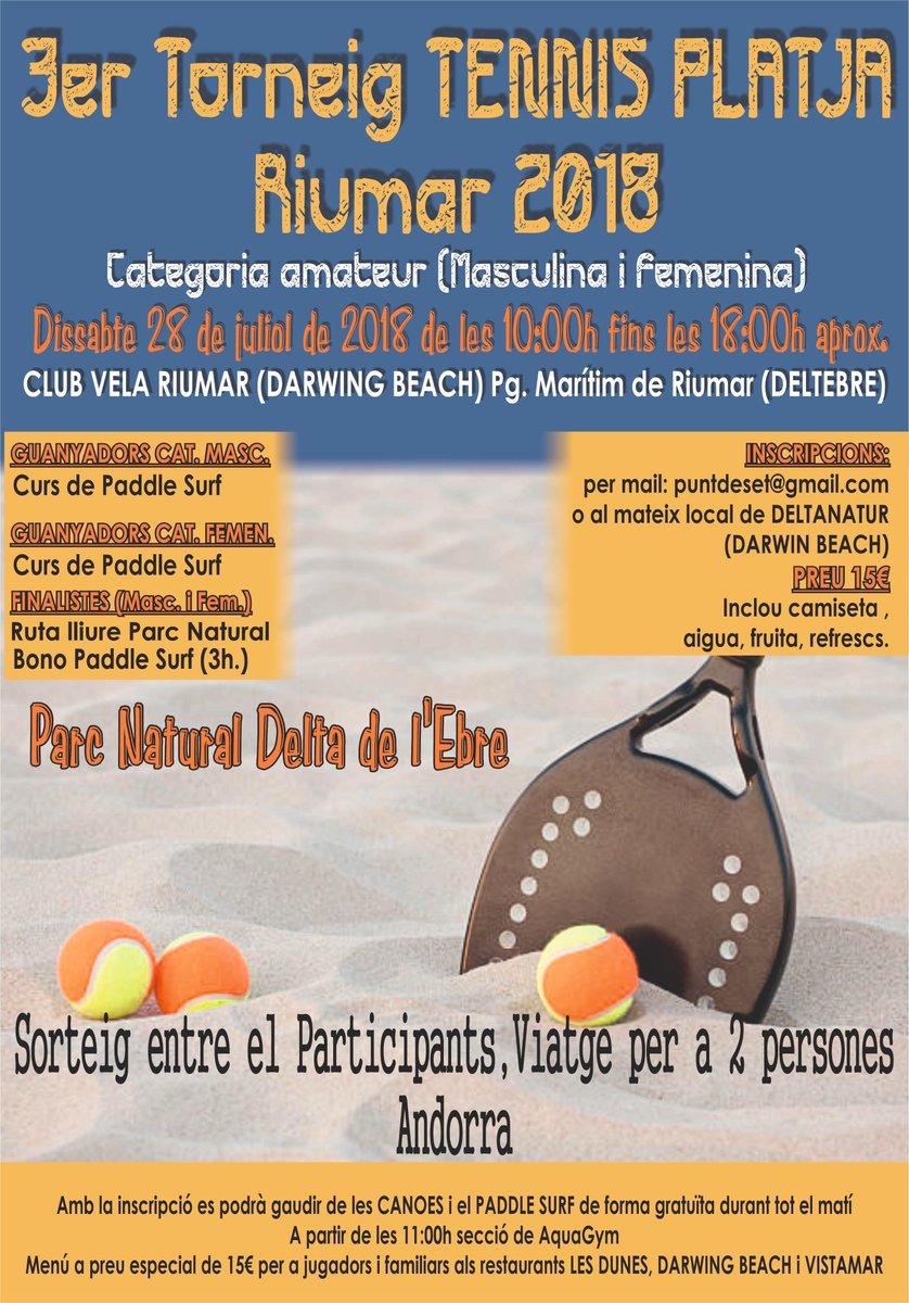 3ER TORNEIG TENNIS PLATJA RIUMAR 2018 (DISSABTE 28 DE JULIOL) + INFO A deltanatur.deltebre.info