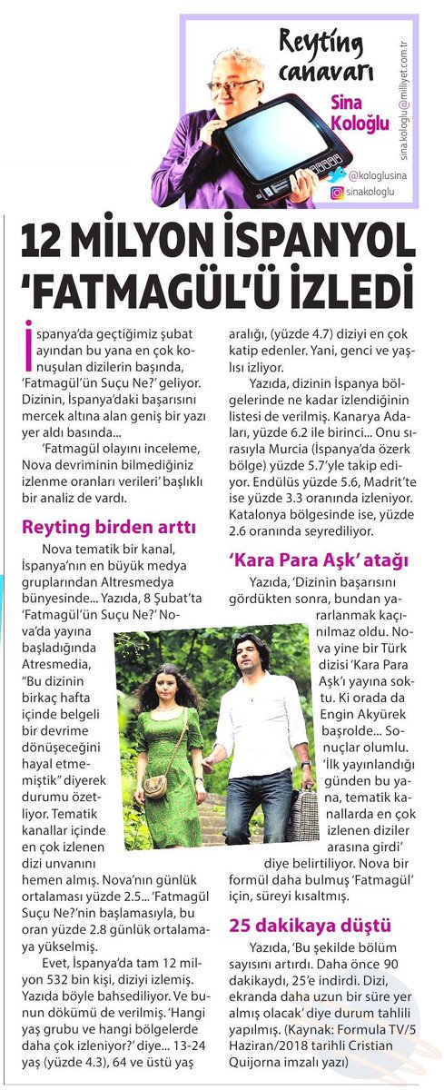 12 milyon İspanyol #FatmagülünSuçuNe dizisini izledi, #KaraParaAşk atağı, #EnginAkyürek... #ReytingCanavarı #SinaKoloğlu #milliyetcadde