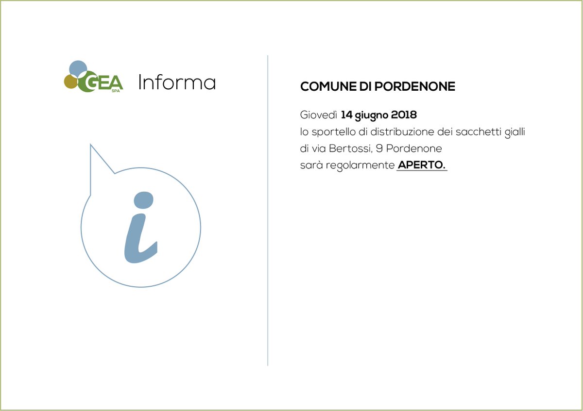 gea_pn's tweet photo. GEA INFORMA: COMUNICAZIONI DI SERVIZIO, APERTO            LO SPORTELLO GEA IN CENTRO GIOVEDI' 14 GIUGNO @comunepordenone https://t.co/55JCBqxvdw