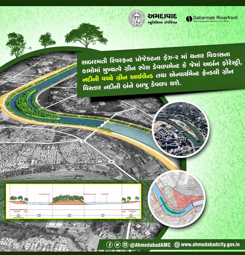 I_Abhishek_vyas's tweet image. #RiverfrontExtension 
સાબરમતીરિવરફ્રન્ટ પ્રોજેકટના ફેઝ-૨ માં થનાર વિકાસના કામોમાં મુખ્યત્વે ગ્રીન સ્પેસ ડેવલપમેન્ટ કે જેમાં અર્બન ફોરેસ્ટ્રી, નદીની વચ્ચે ગ્રીન આઇલેન્ડ તથા એન્વાર્યમેન્ટ ફ્રેન્ડલી ગ્રીનવિસ્તાર નદીની બને બાજુ ડેવલપ થશે. 
 #WorldHeritageCity