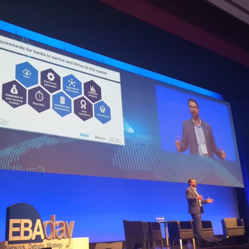 Tietoevry's tweet photo. "Future of successful banking lies within the existence of a unified platform, combining real-time, open, automated and secure system solutions." See @Petri_Syvanne presentation: https://t.co/dQvYUoK1FF and meet him today at  #EBAday 2018, stand #43! https://t.co/gATcxJLtGQ