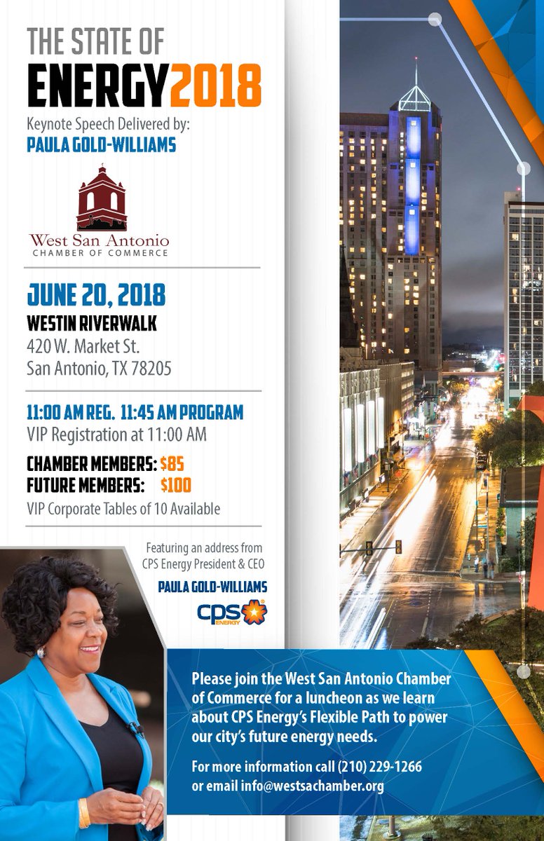 WestSAChamber's tweet photo. It's here! #StateofEnergy2018. Thanks to #CPSEnergy, #PortSA #FranklinEnergy #KFW #GenerationsFCU #SoTXSolar Reserve our spot! https://t.co/CvsqS7rInJ