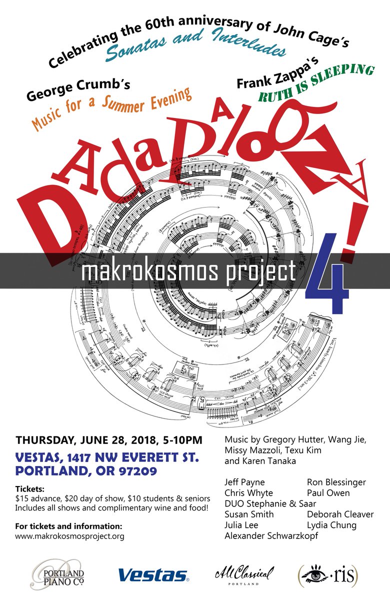 Very cool new music concert on June 28! Dadapalooza will dazzle with music of Mazzoli, Hutter, Wang Jie, Texu Kim, and Karen Tanaka.