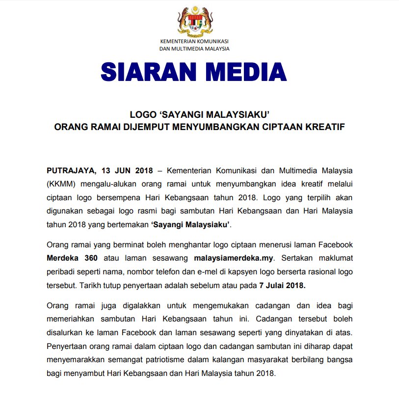 Bernama_Radio's tweet photo. Kementerian Komunikasi dan Multimedia (KKMM) mengalu-alukan orang ramai untuk menyumbangkan idea kreatif melalui ciptaan logo bersempena Hari Kebangsaan tahun ini. https://t.co/9ioPKPguWR