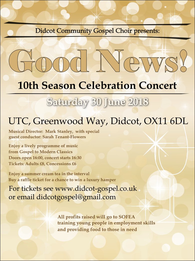 gospeldidcot's tweet photo. Afternoon concert of pop, Gospel and stomp from Didcot Gospel and band in aid of @SofeaDidcot Didcot Sat 30/6. Strawberry tea, luxury hamper raffle. Tix didcotgospel@gmail.com or 01235 834295 #OxTweets https://t.co/dLbPvsYq0z