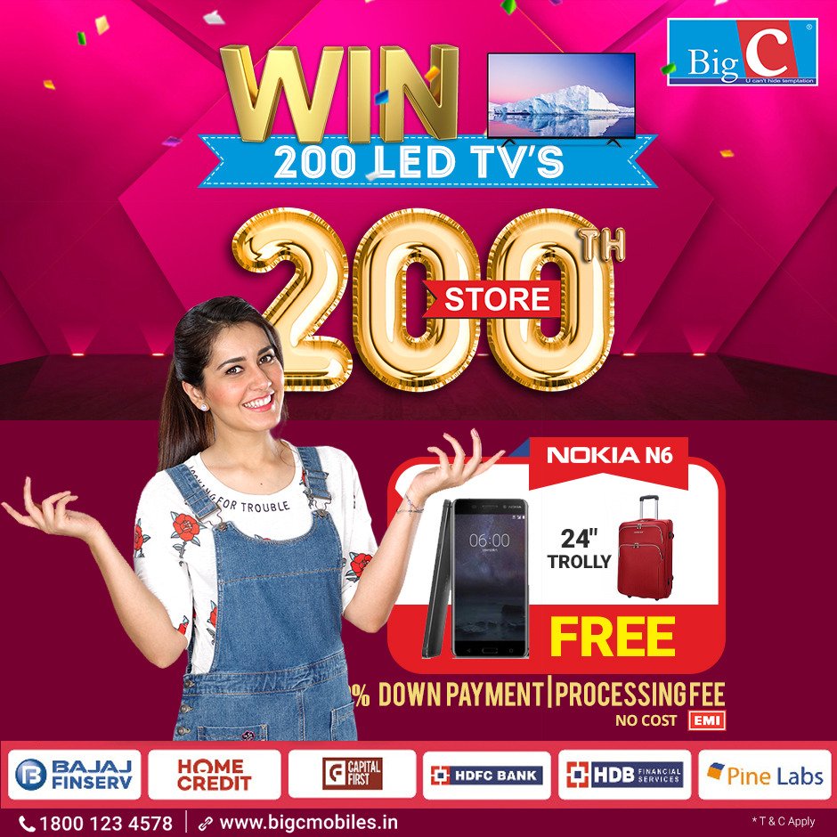 BigCMobilesIND's tweet photo. #200thBigCStore #Celebrations🎇💥..!
Get your favorite #NokiaN6 on #EMIOffers to get a chance to win a #LedTV! and a luggage trolley bag absolutely #FREE !!
#BigCMobiles #NokiaMobiles #SmartPhones #BuyandWin #FinanceOffers https://t.co/YMBSHbV7co