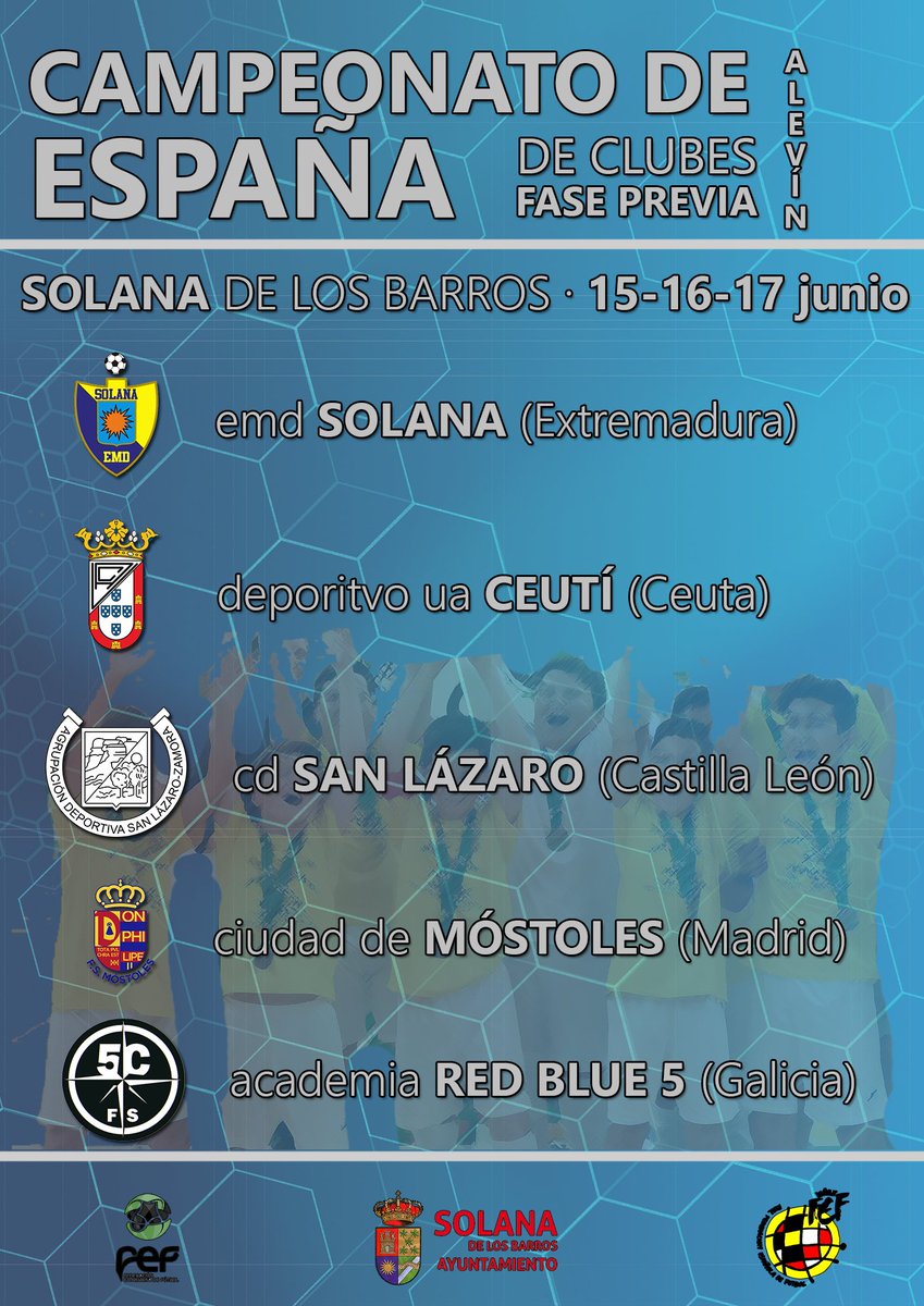 AytodeSolana's tweet photo. 📅 Este fin de semana, tienes una cita en el Pabellón Municipal de Deportes de Solana de los Barros.

⚽ Se disputa la fase previa del Campeonato de España de Fútbol Sala de Clubes en categoría alevín

🏟 Te esperamos el 15, 16 y 17 de junio en Solana de los Barros https://t.co/RmYxYTxJwU