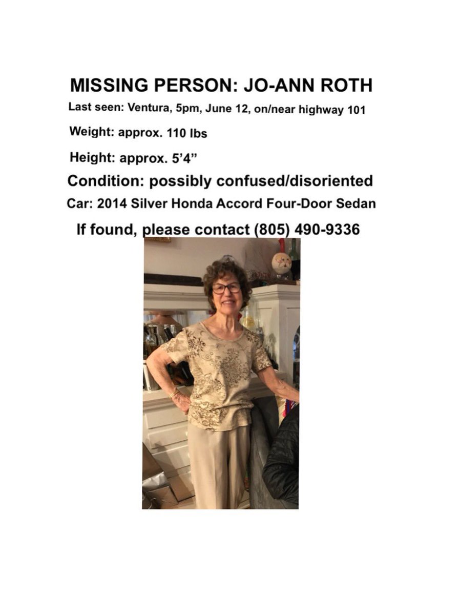 emmarothh_'s tweet photo. ❗️❗️PLEASE RETWEET❗️❗️ my grandmother has been missing for 5 hours. She was last seen in Ventura around 5pm; she called the police because she was lost, trying to find the Thousand Oaks DMV. She hasn’t been seen since and isn’t answering her phone. Please spread the word. https://t.co/5CM0Vt6Lxz