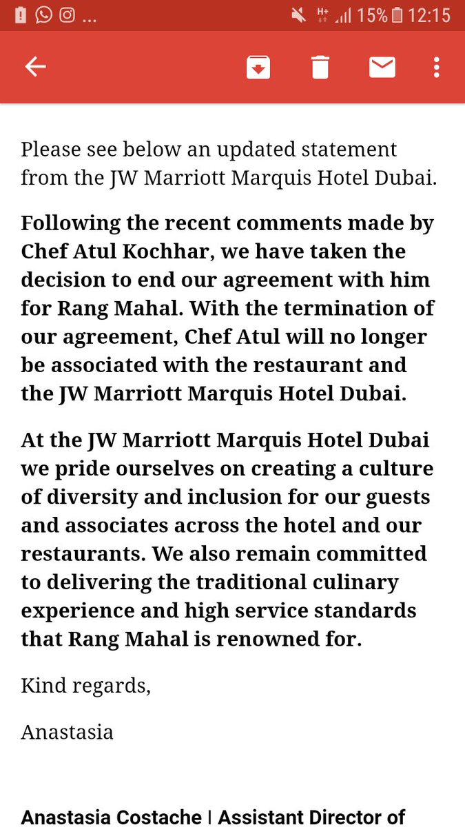 RanaAyyub's tweet photo. Just got this mail from @JWDubaiMarquis they have terminated the services of Atul Kochhar. Bigotry is non negotiable https://t.co/BiwdYaowLB