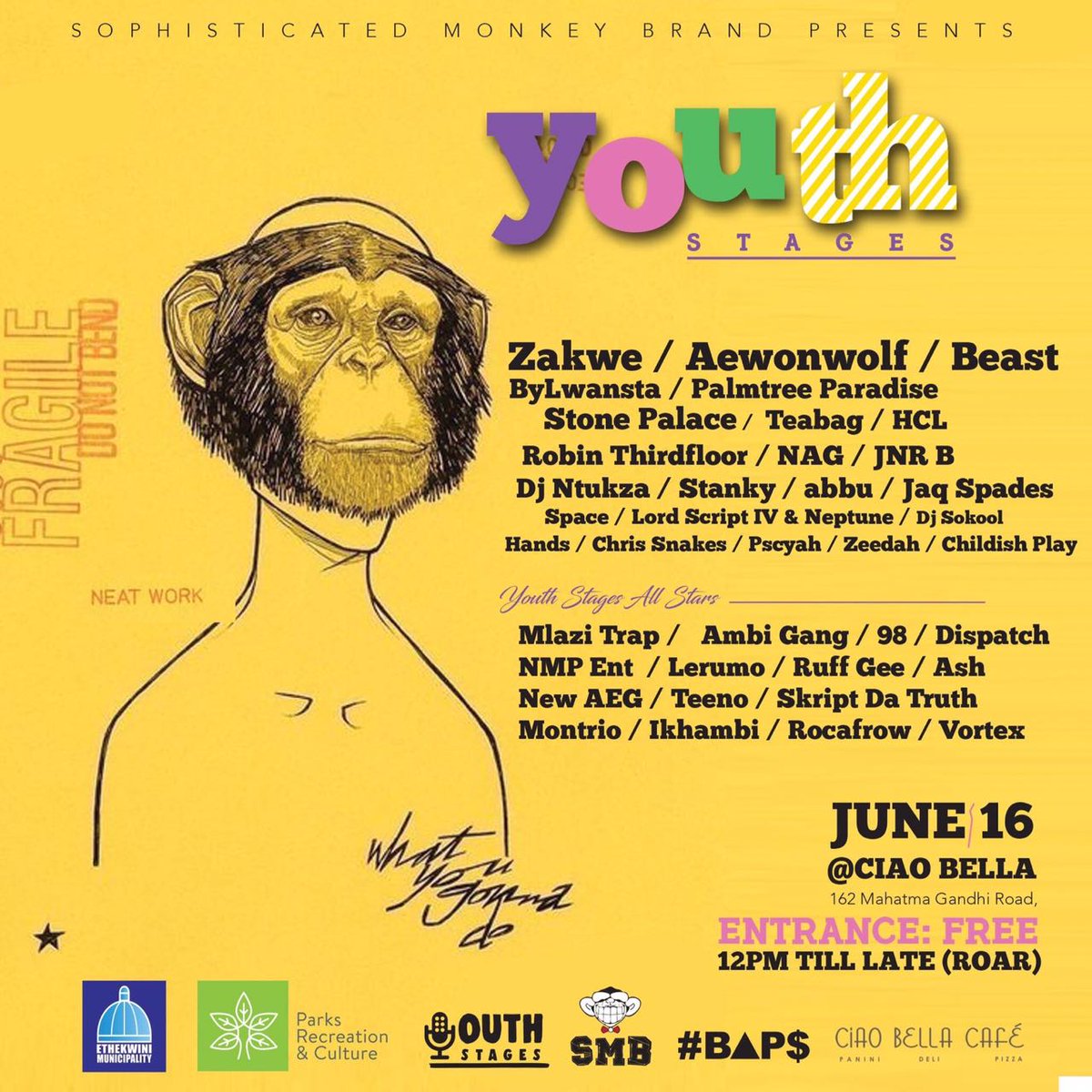 NasaEntSA's tweet photo. @SMB_DBN Presents: #YouthStages16June with your favourite artists including our very own @Skriptthetruth_ https://t.co/rpmsJEwJgc