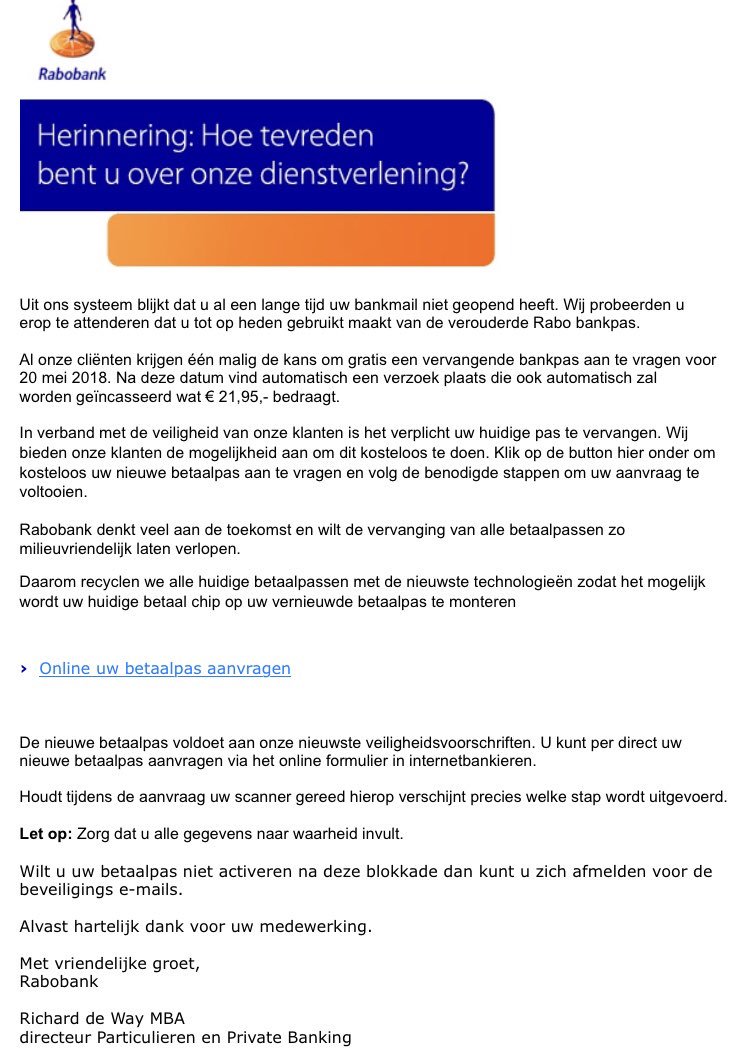 maandag Klant Vrijgevigheid Rabobank on Twitter: "@peedebe Goedemorgen Peter, bedankt voor je  oplettendheid. Zou je deze e-mail voor mij kunnen doorsturen naar valse- email@rabobank.nl? Dan gaan wij ons best doen om deze mails uit de lucht