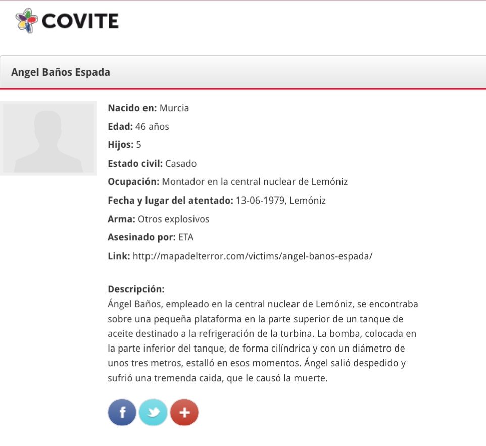 ConsuorF's tweet image. #Taldiacomohoy #ETA asesinó en #Lemoniz al trabajador Ángel Baños. Resultado de "la lucha obrera" de ETA solo en Lemoniz: Cinco trabajadores asesinados y un niño que se debatió entre la vida y la muerte quedando herido de por vida.
Dejó cinco huérfanos.
Recuérdale!
#Impune