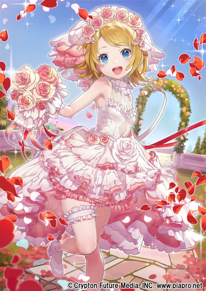 kagamine rin 1girl bouquet flower blonde hair dress blue eyes petals  illustration images