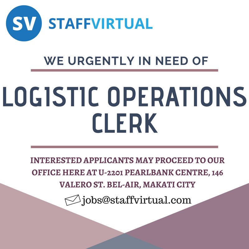 STAFFVIRTUAL (@staffvirtual) on Twitter photo STAFFVIRTUAL is urgently looking for LOGISTIC OPERATIONS CLERK with at least 2 years of working experience in the related field is required for this position.
Interested applicants may send their CV to jobs@staffvirtual.com STAFFVIRTUAL is urgently looking for LOGISTIC OPERATIONS CLERK with at least 2 years of working experience in the related field is required for this position.
Interested applicants may send their CV to jobs@staffvirtual.com
