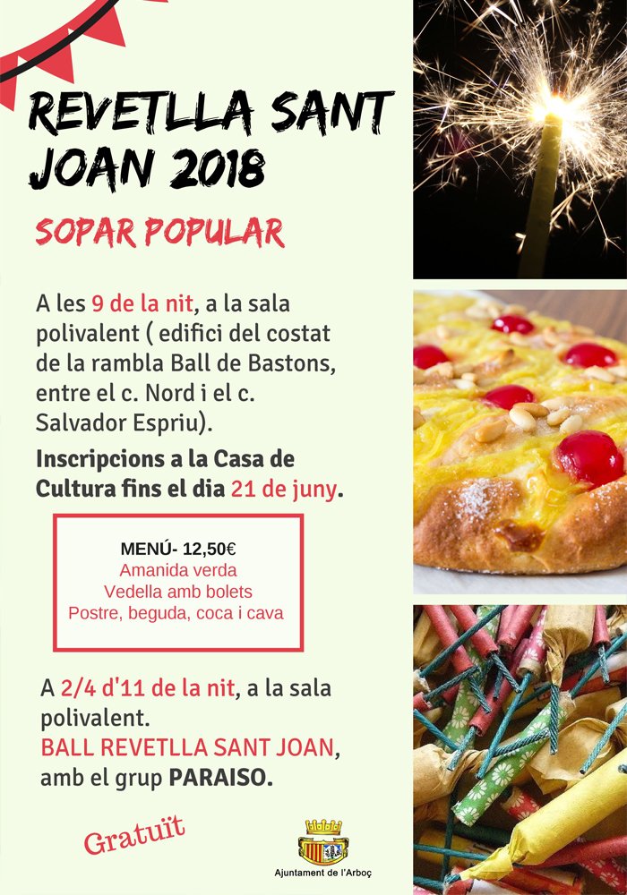 AjlArboc's tweet photo. No et perdis els sopar popular, ball i revetlla de Sant Joan a l’Arboç.
Inscripcions a la Casa de Cultura fins el 21 de juny. #lArboç #Penedès #SantJoan
https://t.co/nkDGnq1OOz https://t.co/am9pjP61c0