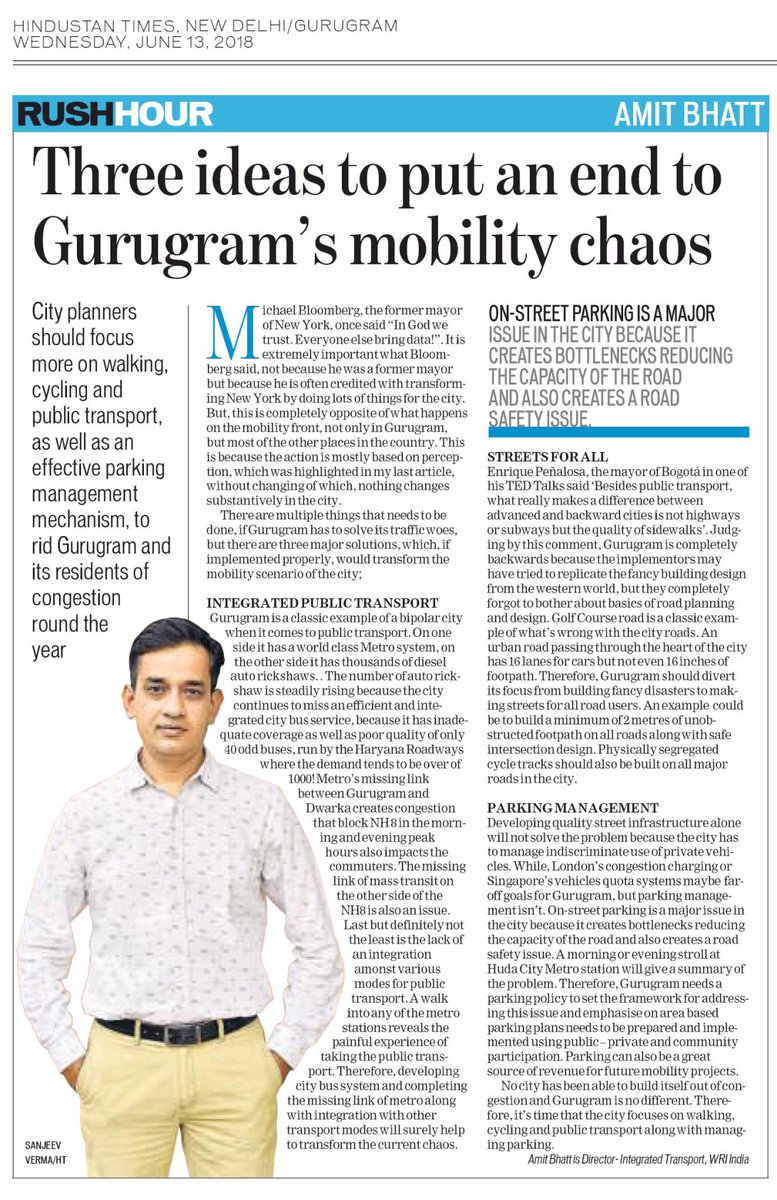 HRYVisionZero's tweet photo. In this week's issue of Rush Hour in @htTweets @HTGurgaon @amitbhatt4u talks about the possibilities of addressing #Gurugram's mobility chaos. #RoadSafety #Congestion #HRYVisionZero #ZeroRoadTrafficDeaths #RespectAllRoadUsers https://t.co/yTQO0wBGeB