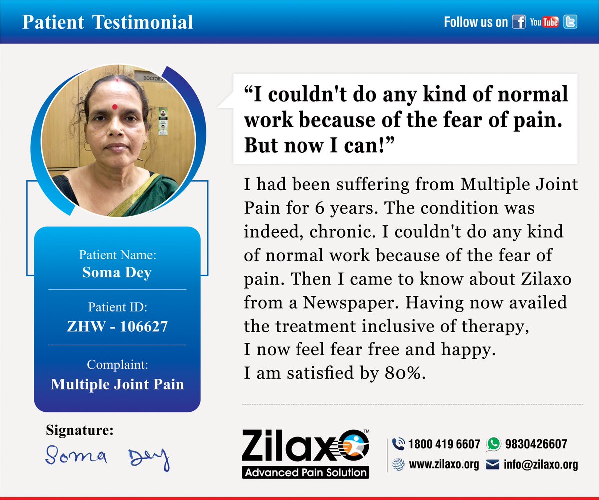ZilaxoTweets's tweet photo. PatientTestimonial
#MultipleJointPain #Treatment #Therapy
#ClassicalHomoeopathy #AyurvedicUnaniFormulations
#InternationallyAcclaimedAdvancedPhysiotherapy
#ZilaxoAdvancedPainSolution
https://t.co/Llvj5J1xIB https://t.co/Ryyq4WUIzA