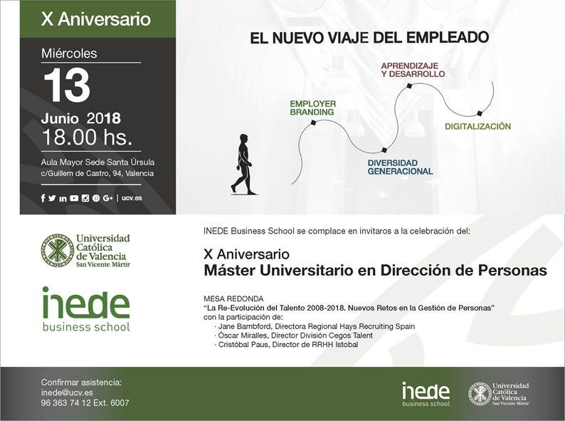 cristobalpaus's tweet photo. Esta tarde hablaremos de la re-evolución del talento y los nuevo retos de la gestión de personas. Celebrando el X Aniversario del #master #RRHH de @inede @UCV_es  con @JaneBamfordHays @o_miralles @JuanSapena https://t.co/iXjh5rufOm