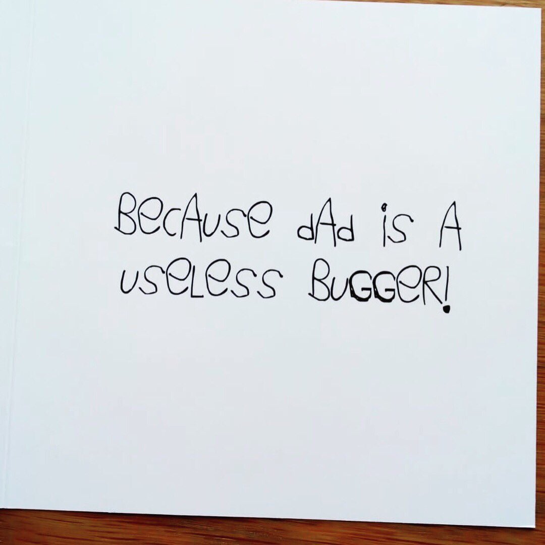 WorstWords1's tweet photo. 5 more sleeps until Fathers Day. Have you got a useless bugger of a Dad? Is your Mom extra special? She’s Mom & Dad so deserves a card on Father’s Day too? Head on over to our website https://t.co/SCrvxsgWBR #fathersday #happyfathersdaymom #uselessbugger #singlemom #shockingcards https://t.co/hwb14wxl1N