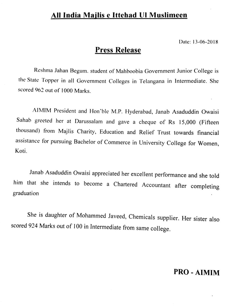 Tauseefpro's tweet photo. AIMIM President @asadowaisi extends financial Assistance of Rs 15k to Reshma Jahan Begum student of Mahboobia junior College who is state topper in government college of Telangana.
She intends to become CA. She also got 99/100 in Commerce. https://t.co/2g9V1UxcIj