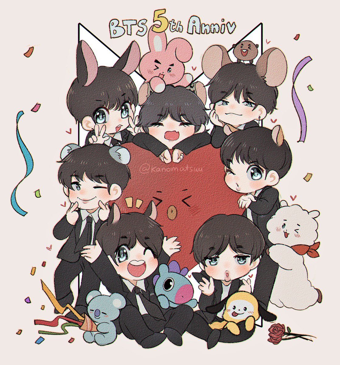 kanU_ni's tweet photo. ✨Happy 5th Anniversary !!✨
❤️🧡💛💚💙💜💖
🎉🎂🐹🐭🐨🐴🐥🐯🐰
#BTS5thAnniversary #5thFlowerPathWithBTS #BTSFESTA2018 #우린여기있었고_5주년이다가와준거야 #btsfanart @BTS_twt https://t.co/cXeC1PcwQr