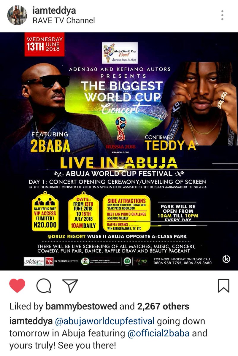 chichiiiiii1's tweet photo. #bbnaija blownn! 2baba&amp;TeddyA live in Abuja(Abuja world cup festival) Day1: Concert opening ceremony/unveiling of screen. By the honourable minister for youth and sport To be assisted by russian ambassador to nigeria. Alphanation Abuja stand up https://t.co/HokOB6hDj0