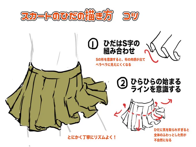 スカートのひだの描き方のコツ。 