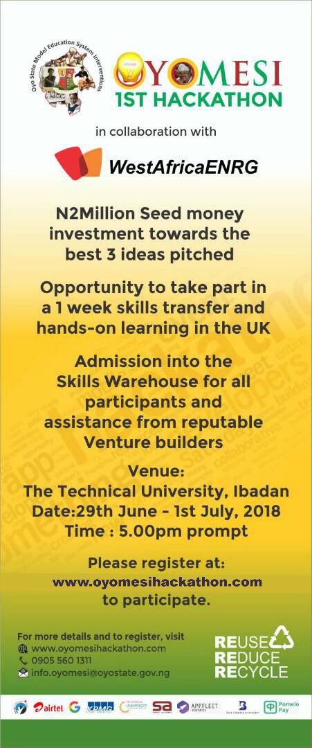 oyostategovt's tweet photo. N2,000,000 seed money 
7 Days 🇬🇧 skills transfer and intense learning 
You should leverage this 
Don’t keep this information to yourself 
Share with others. 
Kudos @WestAfricaENRG 
#OYOMESI https://t.co/nyahiRvd7b