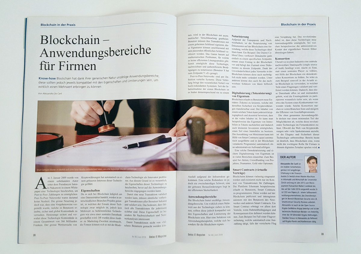 papersDev's tweet photo. Article about Blockchain applications like tokenization or smart contracts in the newest edition of the @SwissITMagazine (German) by our Alessandro De Carli @a_d_c_ #blockchain #ethereum #bitcoin #BUIDL https://t.co/sNMuQ3hRUg https://t.co/Oo8Sc8n6eP