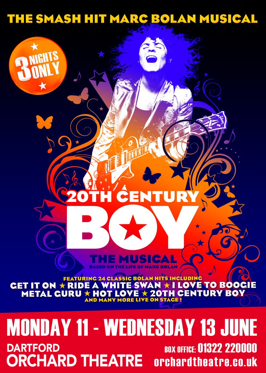 ⭐LAST NIGHT TONIGHT Don't miss your chance to see the smash-hit musical <a href="/20thCenturyBoy4/">20th Century Boy</a> <a href="/OrchardTheatre/">Orchard Theatre</a>. Based on the life story of #MarcBolan. The show has had standing ovations every night! #TRex fans will NOT want to miss this show. BOOK NOW👉bit.ly/2HlUAL0 #Theatre