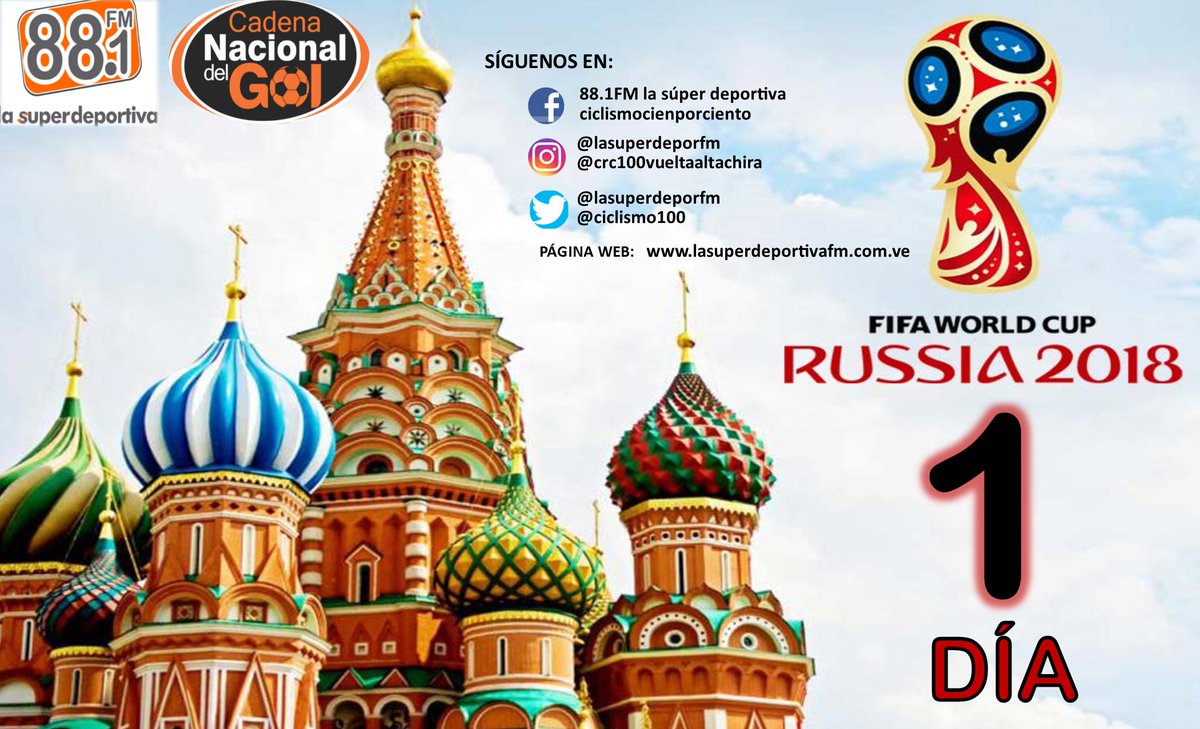 0️⃣1️⃣⏳
SOLO 01 DÍA para el comienzo del🇷🇺MUNDIAL RUSIA 2018🇷🇺️
y nuestro equipo de la 88.1FM LA SÚPER DEPORTIVA esta preparado para llevarles toda la información de este GRAN EVENTO DEPORTIVO