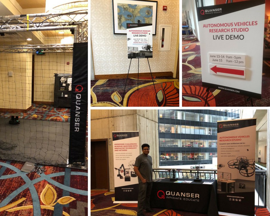 Quanser's tweet photo. Hard to miss live demos of Quanser #AutonomousVehicles Research Studio at #ICUAS'18 #drones #groundrobots https://t.co/nN1OqpcGYL