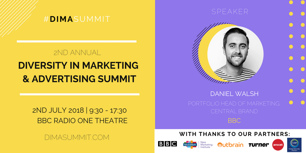 DiMASummit's tweet photo. Meet our Speakers!
Daniel Walsh is the Portfolio Head of Marketing, Central Brand at @BBC
Get your ticket now for the #DIMASummit on July 2nd, 2018 at the BBC Radio One Theatre: https://t.co/LOVHiBefYO
#dima50 #marketing #speakerannouncement #diversity #danielwalsh #bbc https://t.co/4zrJSKtKdC