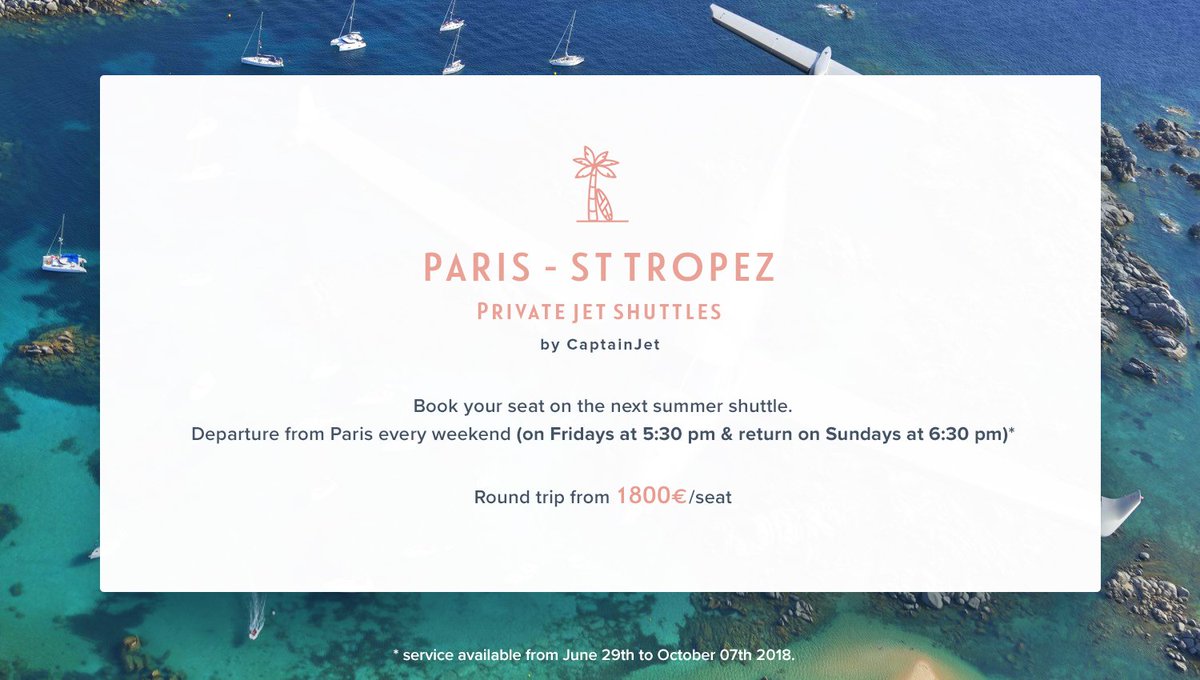 #bookyourseat on the next #summershuttle from Paris to St. Tropez.
Next departure on...

#onlycaptainjet #takecontrolofyourtime #privatejet #travel #summer #enjoylife