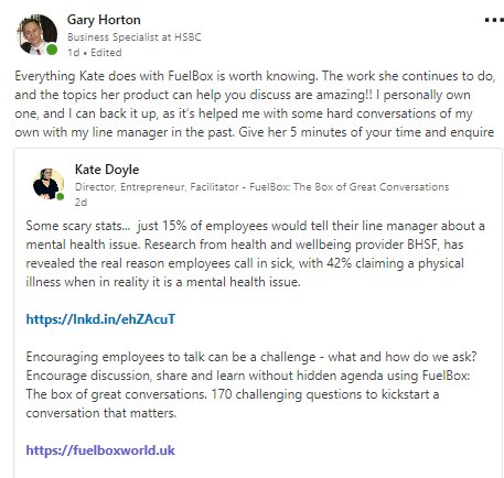 fuelboxworlduk's tweet photo. Amazing feedback @HSBCUKBusiness #FuelBoxUK 170 challenging questions: share, learn, reconect and inspire some great conversations. No hidden agenda. Start a conversation that matters! https://t.co/SkClS60jb0 @PaulJThinks @AdamSpreadbury @AndyLancasterUK @K_Beaven @NickElston_ https://t.co/6eVbB4rocO