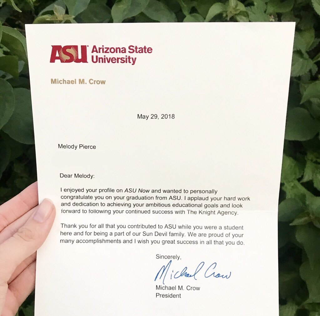 MissArcadiaAZ's tweet photo. What an honor! Thank you @michaelcrow for this letter. Being a part of @ASU was an incredible chapter in my life that I am so thankful for. I hope I get the opportunity to continue my education through this university in my near future. Go devils! 💛 #scholarship #success https://t.co/PuqjF1A5ZO