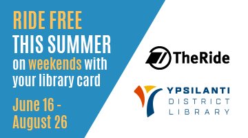 TheRide is offering Free Ride Weekends from June 16-Aug 26, just show your library card on Saturdays and Sundays to ride free! Learn more: bit.ly/2sTZJnJ.  Learn about the <a href="/YpsiLibrary/">Ypsilanti District Library</a> Summer Challenge: ypsilibrary.readsquared.com. Plan your trip at TheRide.org.